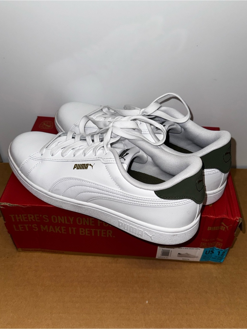 PUMA Ace Court Shoes Men's White/Green colorway 406570-01 Size 12 - Excellent